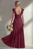 Boat Neck A Line Dusty Blue Long Beach Bridesmaid Dress with Ruffles