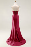 Sparkly Blush Mermaid Strapless Satin Long Prom Dress with Slit