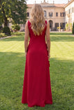 Hot Pink A Line Boat Neck Floral Long Wedding Guest Dress