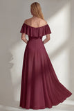 Off the Shoulder A Line Ruffled Sage Green Long Beach Bridesmaid Dress with Slit