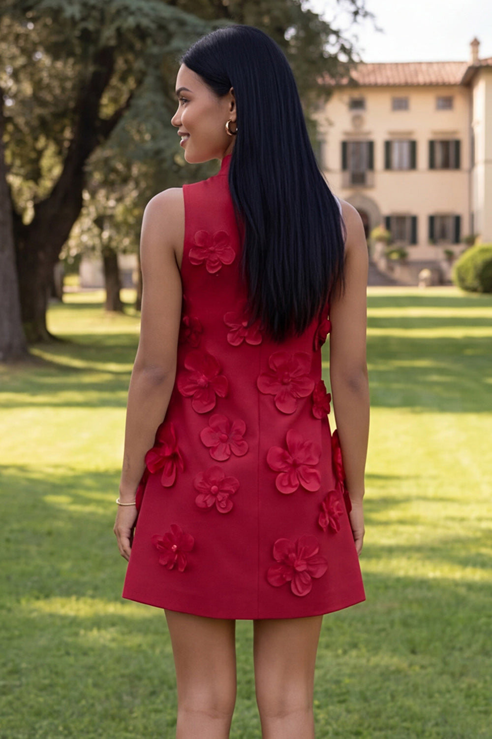 Hot Pink Short Floral High Neck A Line Homecoming Dress