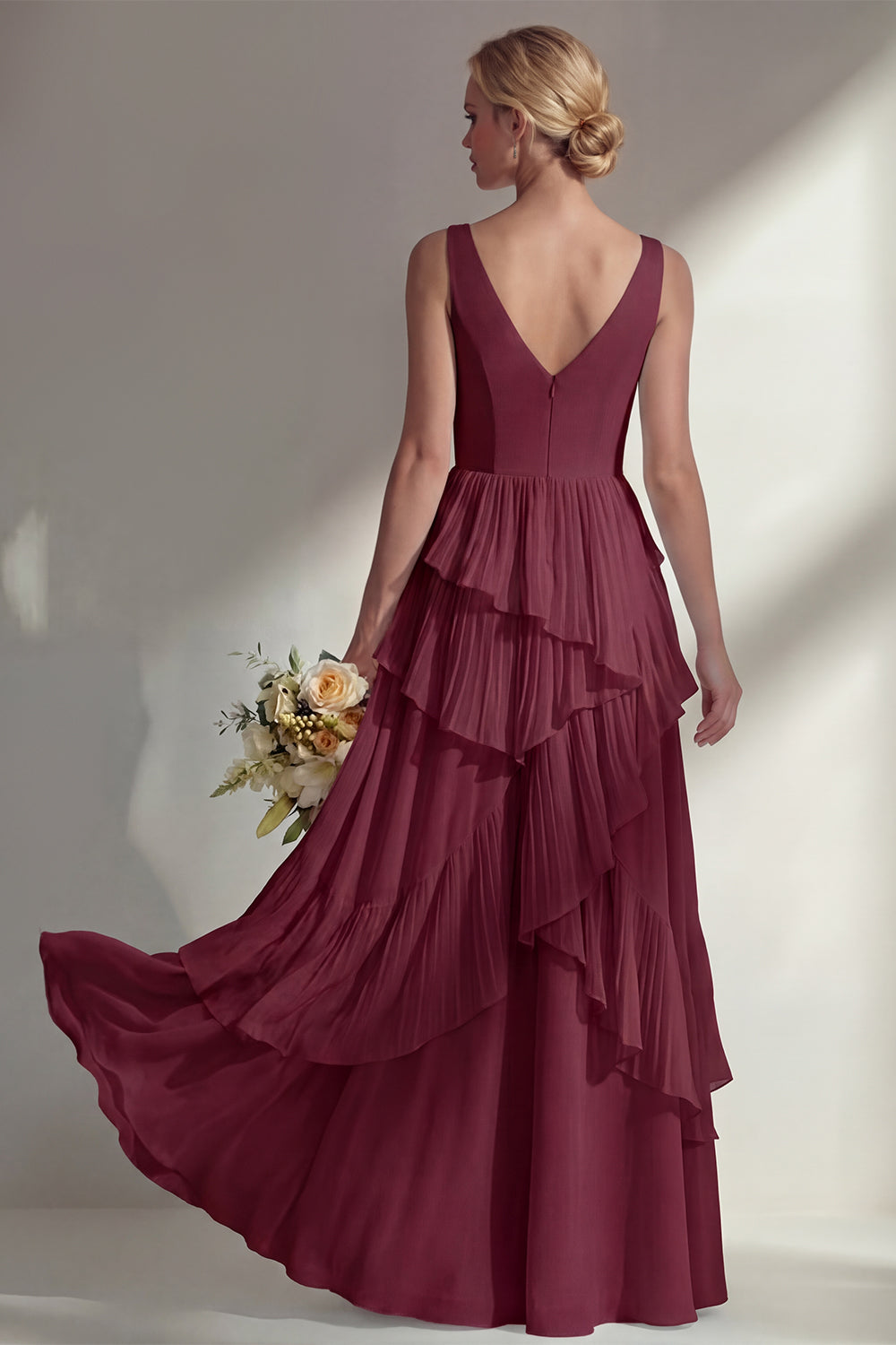 V-Neck A Line Light Pink Long Beach Bridesmaid Dress with Ruffles