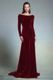 Dark Green Velvet Ruched Boat Neck Long Sleeves Formal Dress