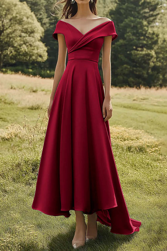 Dark Navy Slim Off The Shoulder Long Formal Dress with Wide Hem