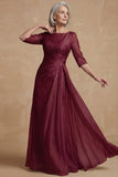 Dusty Sage Bateau Neck A Line Long Mother of the Bride Dress with Sleeves