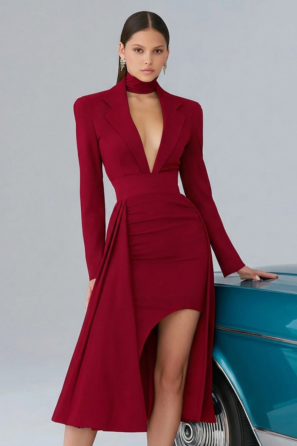 Zapakasa Women Black High Neck Long Sleeves Midi Cocktail Dress with Keyhole A-Line Semi-Formal Dress with Slit