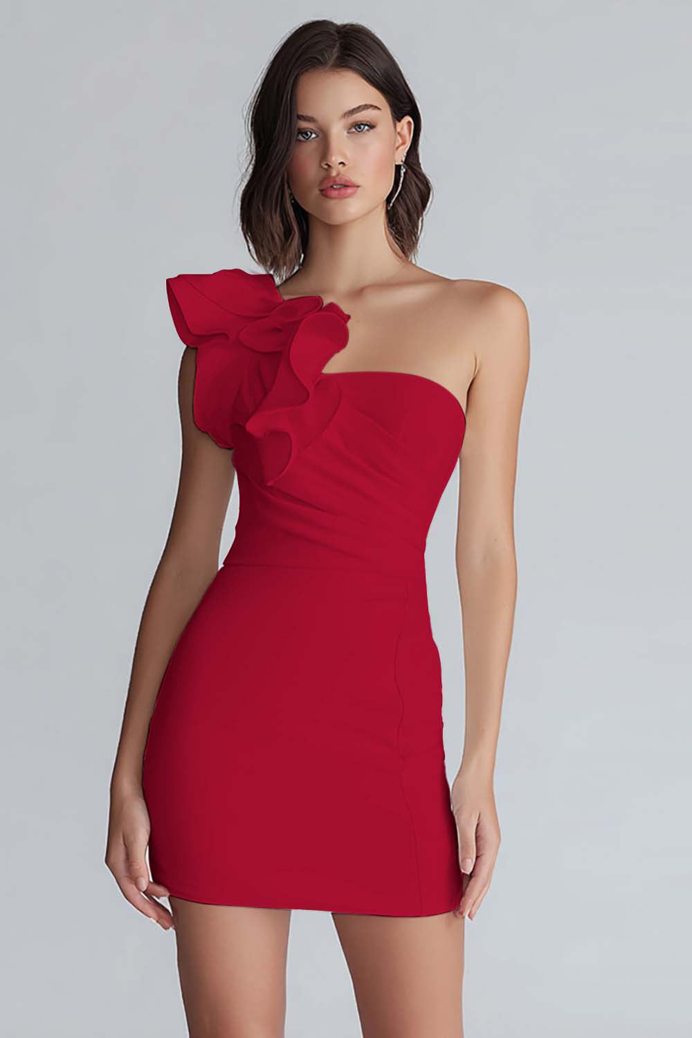 Ivory One Shoulder Satin Short Tight Graduation Dress
