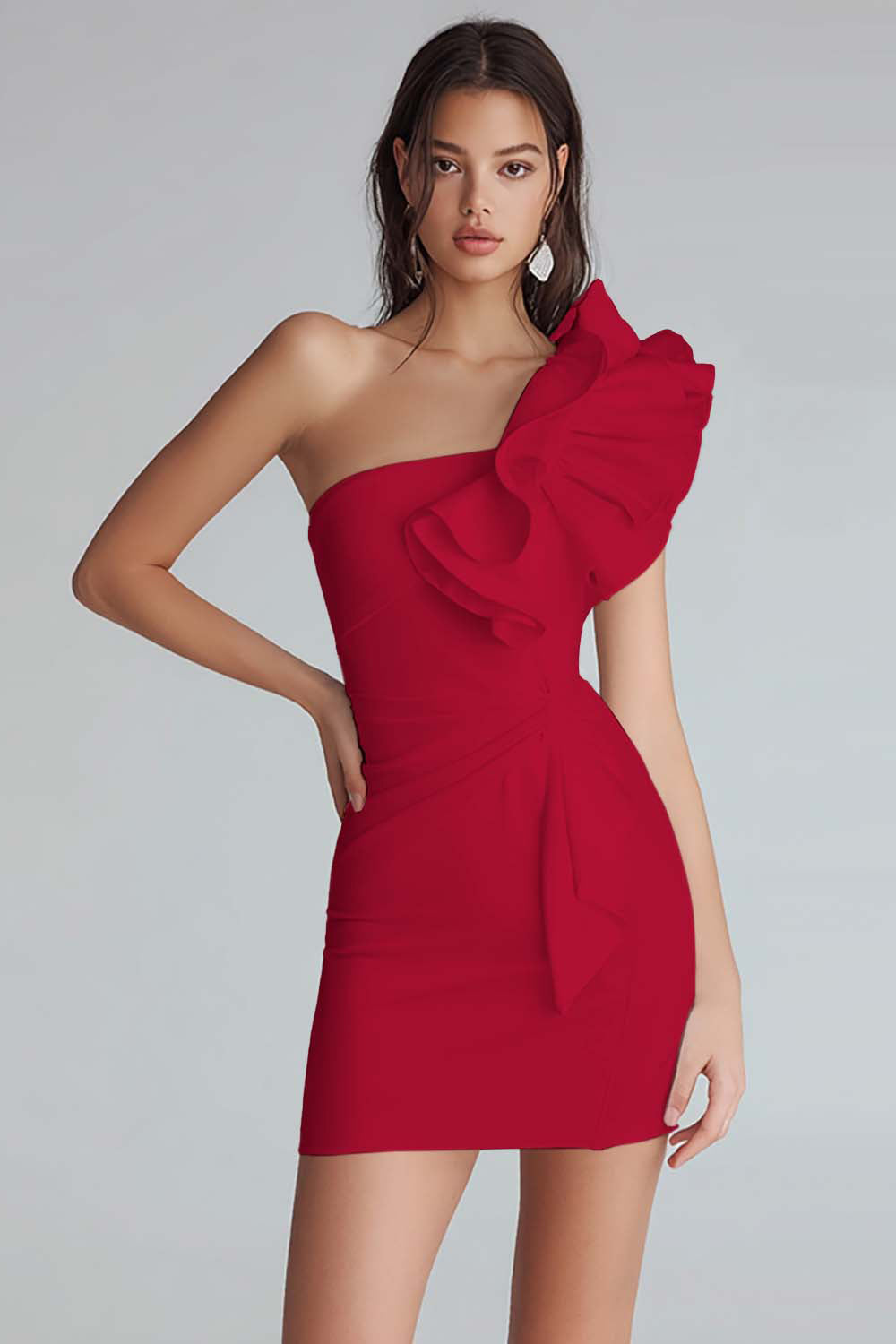 Ivory Satin One Shoulder Short Tight Graduation Dress with Ruffles