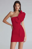 Ivory Satin One Shoulder Short Tight Graduation Dress with Ruffles