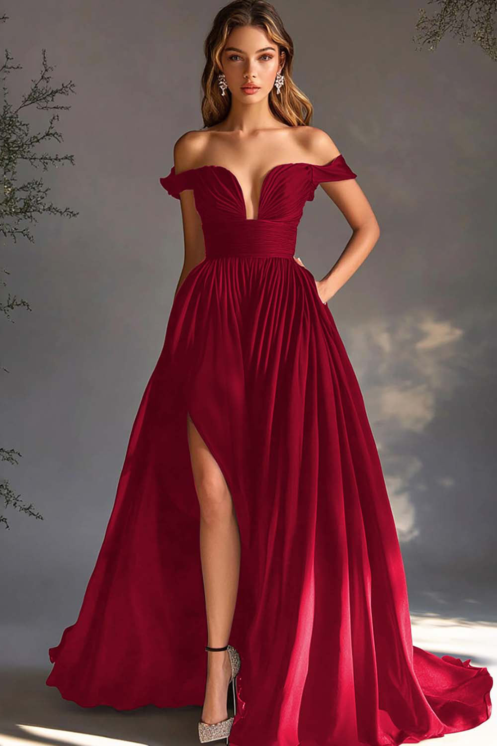 A Line Chiffon Pleated Long Off the Shoulder Formal Dress with Slit