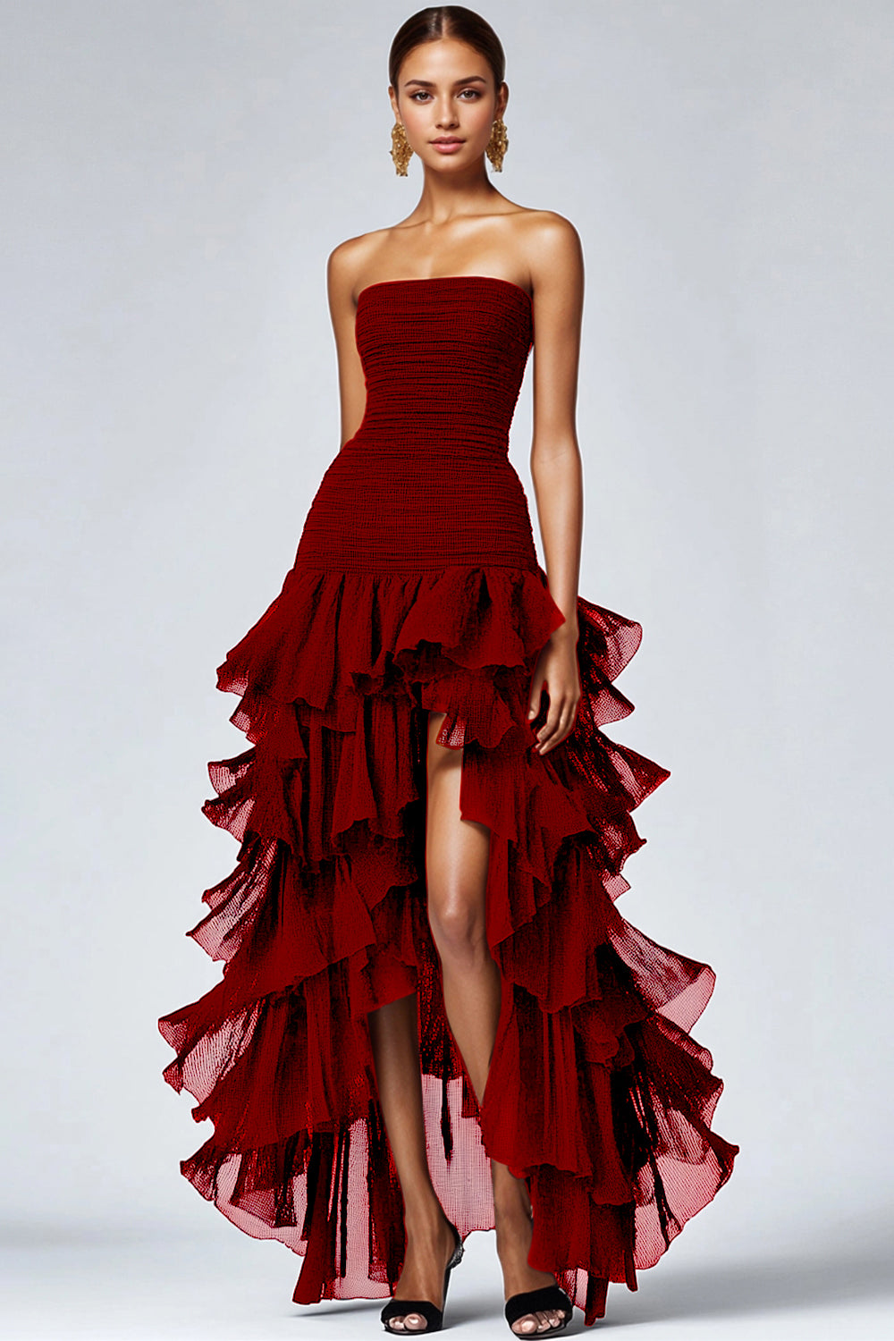 Zapakasa Women Black Square Neck Tiered Ruffles Formal Dress with Slit Strapless Backless Formal Wear Dress Zapakasa Women Black Square Neck Tiered Ruffles Formal Dress with Slit Strapless Backless Formal Wear Dress