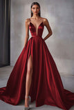 A Line Navy Satin Spaghetti Straps Long Prom Dress with Slit