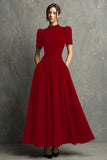 Black High Neck Short Sleeves A-Line Long Formal Dress with Pockets