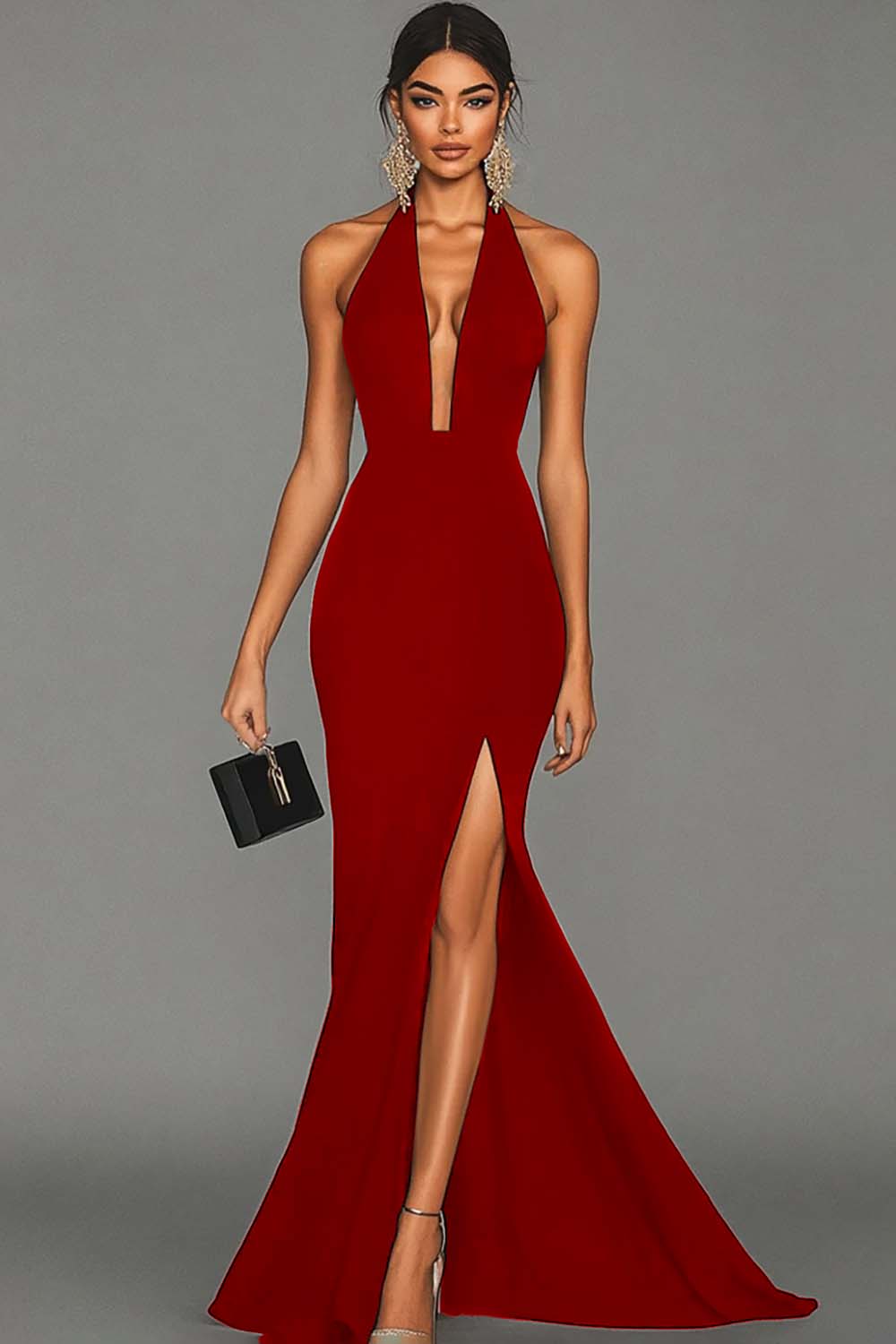 Black Mermaid Halter Neck Long Satin Formal Dress with Slit