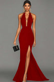 Black Mermaid Halter Neck Long Satin Formal Dress with Slit
