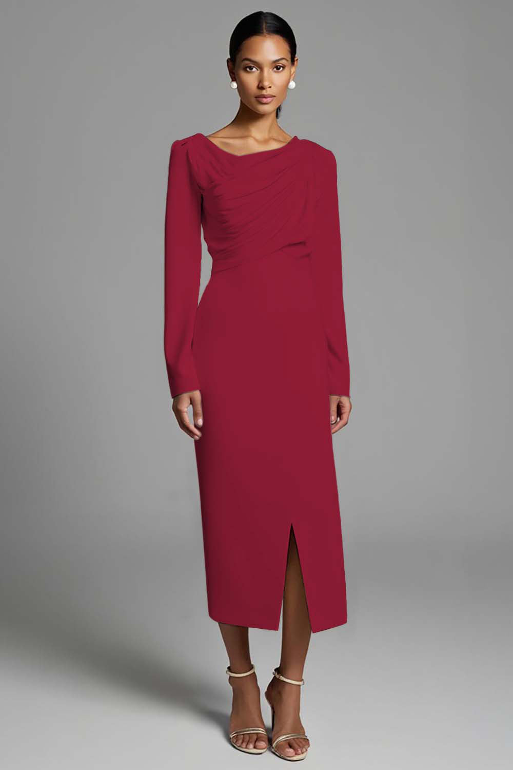 Ivory Ruched Pencil Long Sleeves Work Dress with Slit