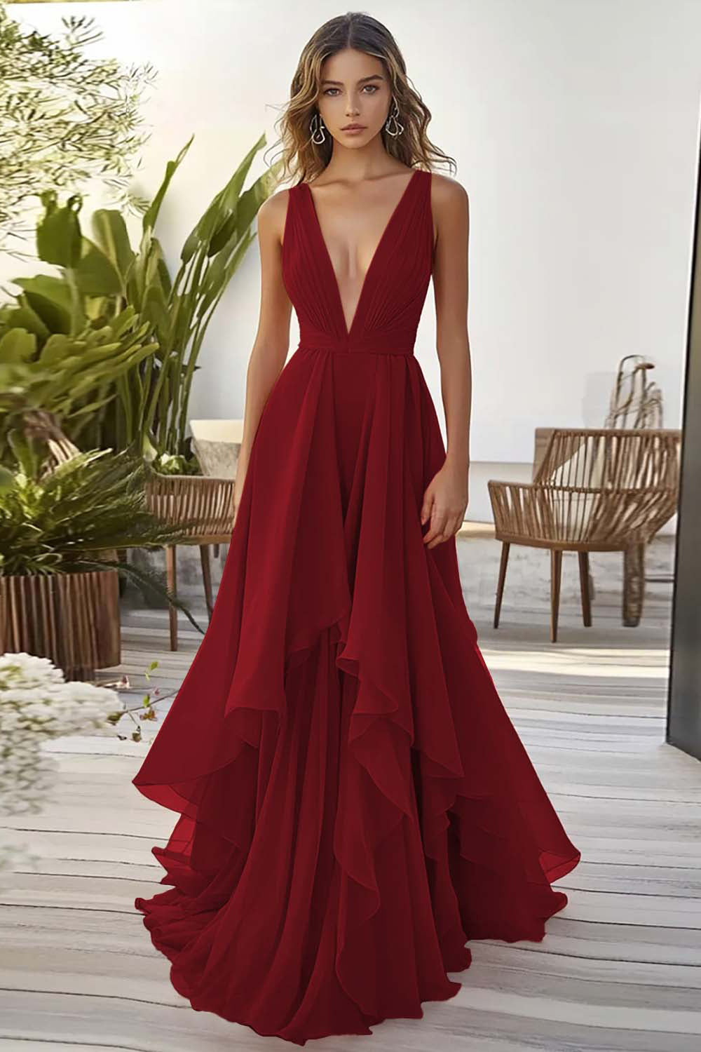 ZAPAKASA Women Dusty Blue Chiffon Long Wedding Guest Dress with Ruffles Deep V-Neck A Line Sleeveless Prom Dress ZAPAKASA Women Dusty Blue Chiffon Long Wedding Guest Dress with Ruffles Deep V-Neck A Line Sleeveless Prom Dress