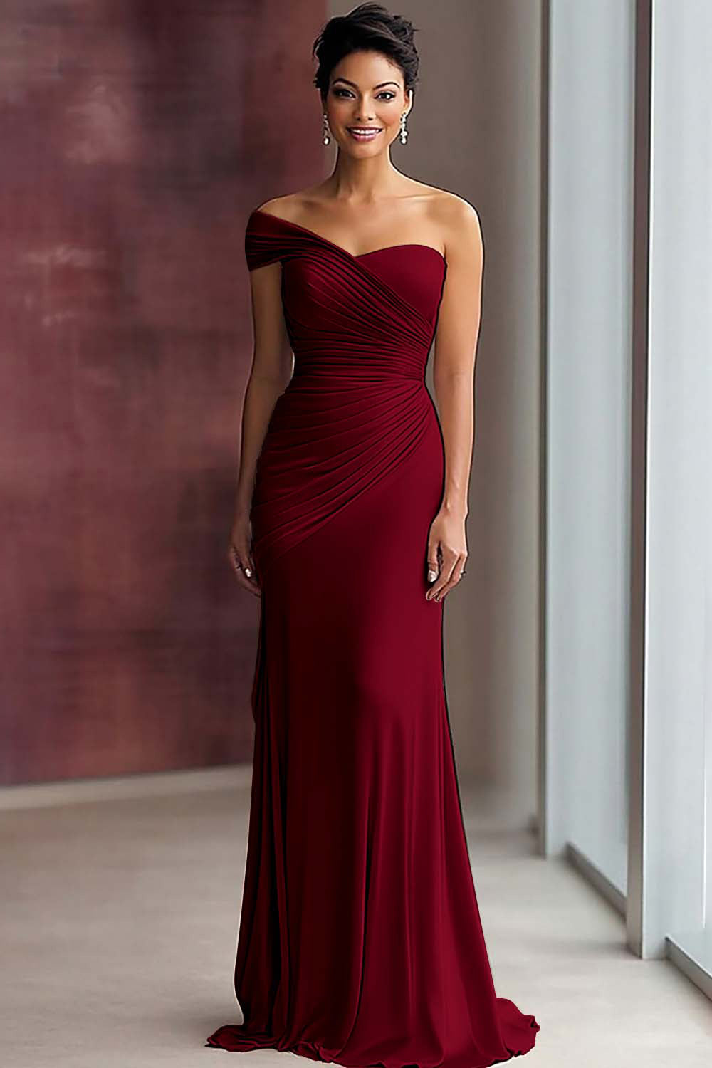 Light Khaki Jersey Sheath One Shoulder Pleated Gala Dress