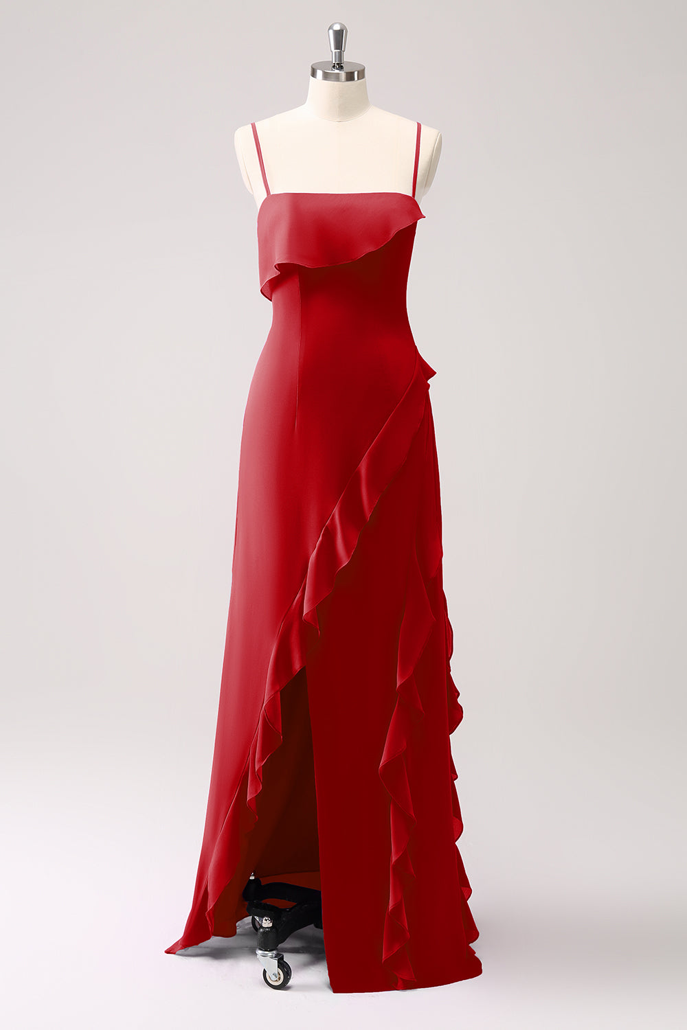 ZAPAKASA Women Tahiti Ruffled Wedding Party Guest Dress Spaghetti Straps Chiffon Long Bridesmaid Dress with Slit