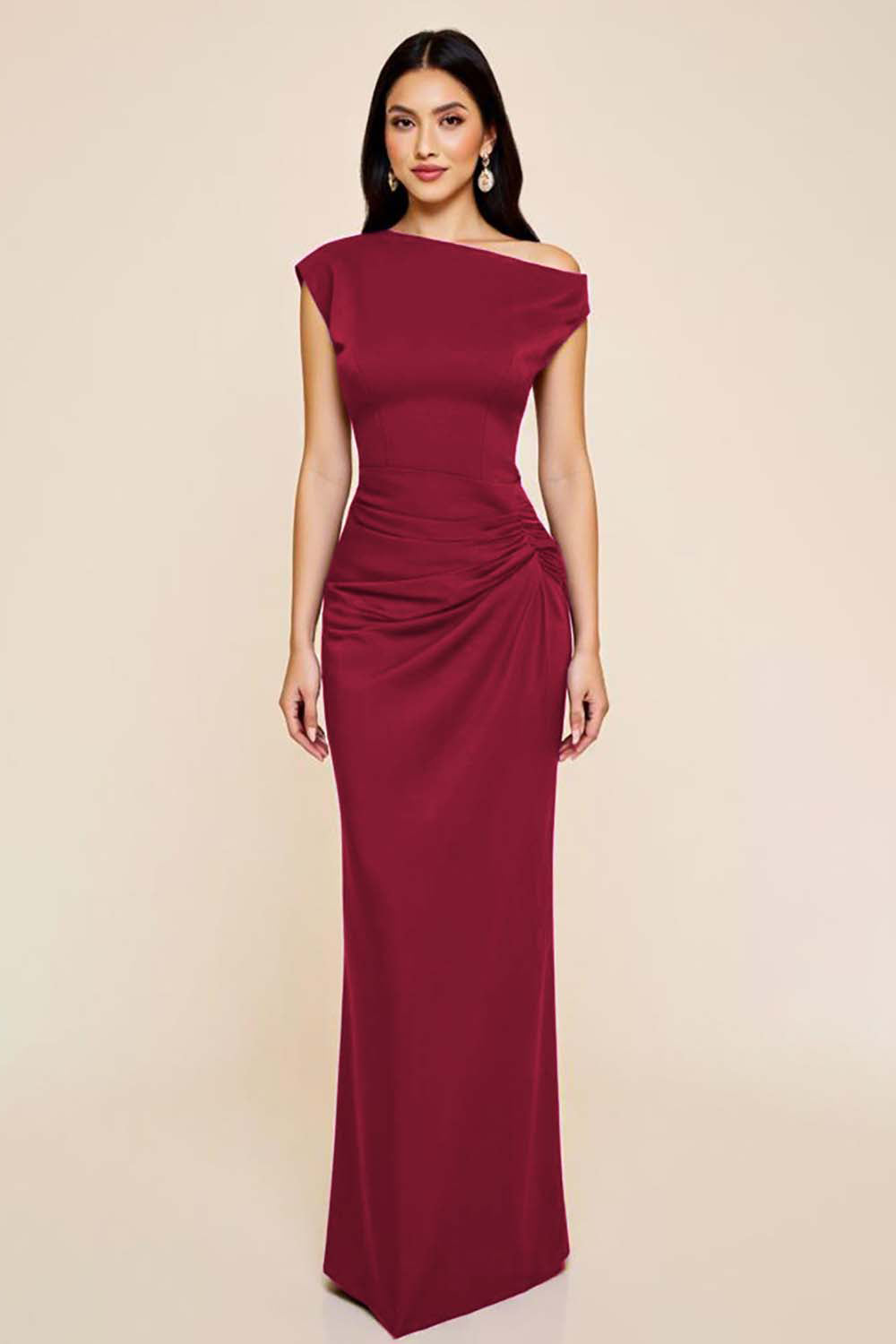 Zapakasa Women Plum Sheath Satin Long Formal Dress Ruched Asymmetrical Short Sleeves Prom Dress