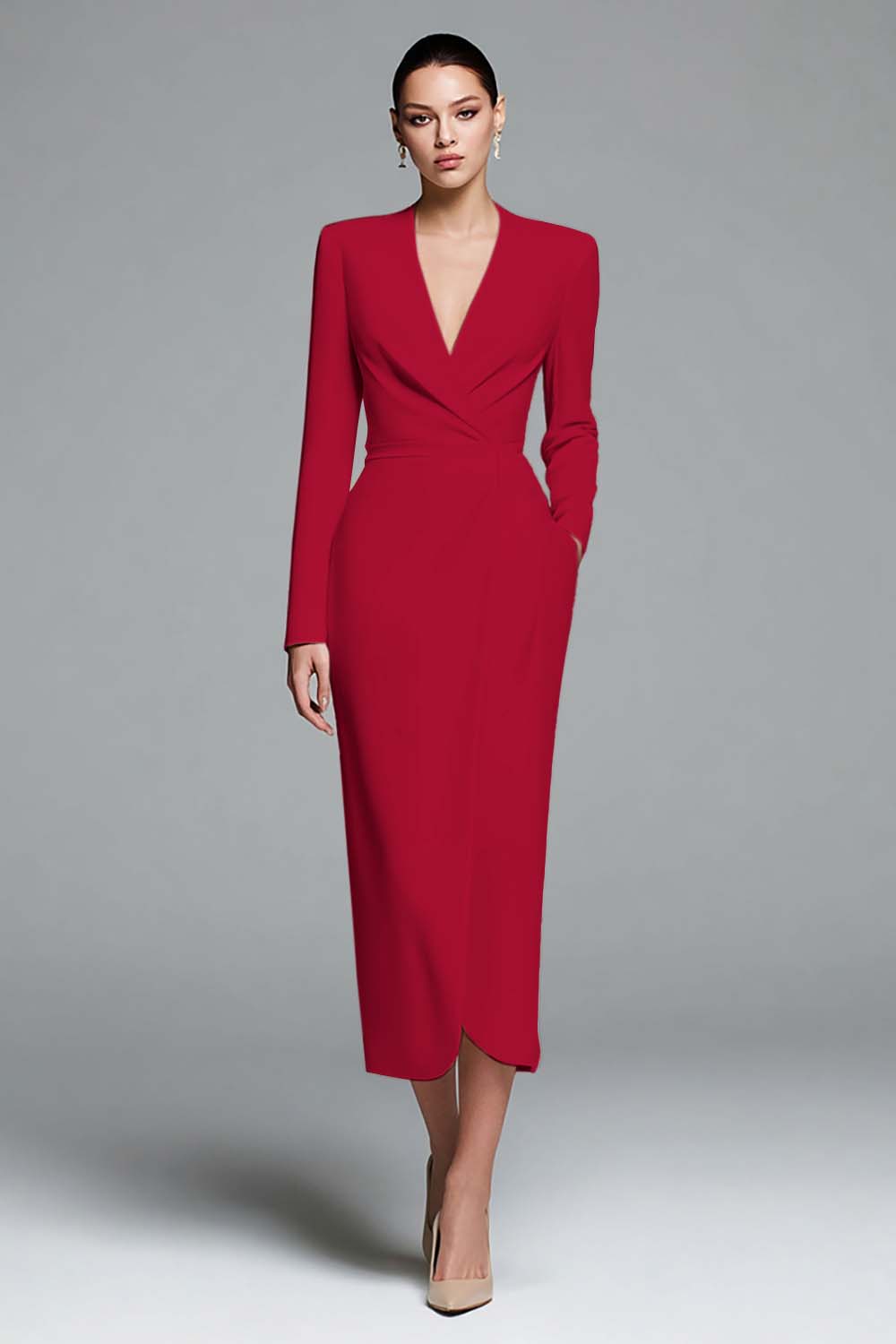Ivory Satin V-Neck Sheath Long Sleeves Work Dress