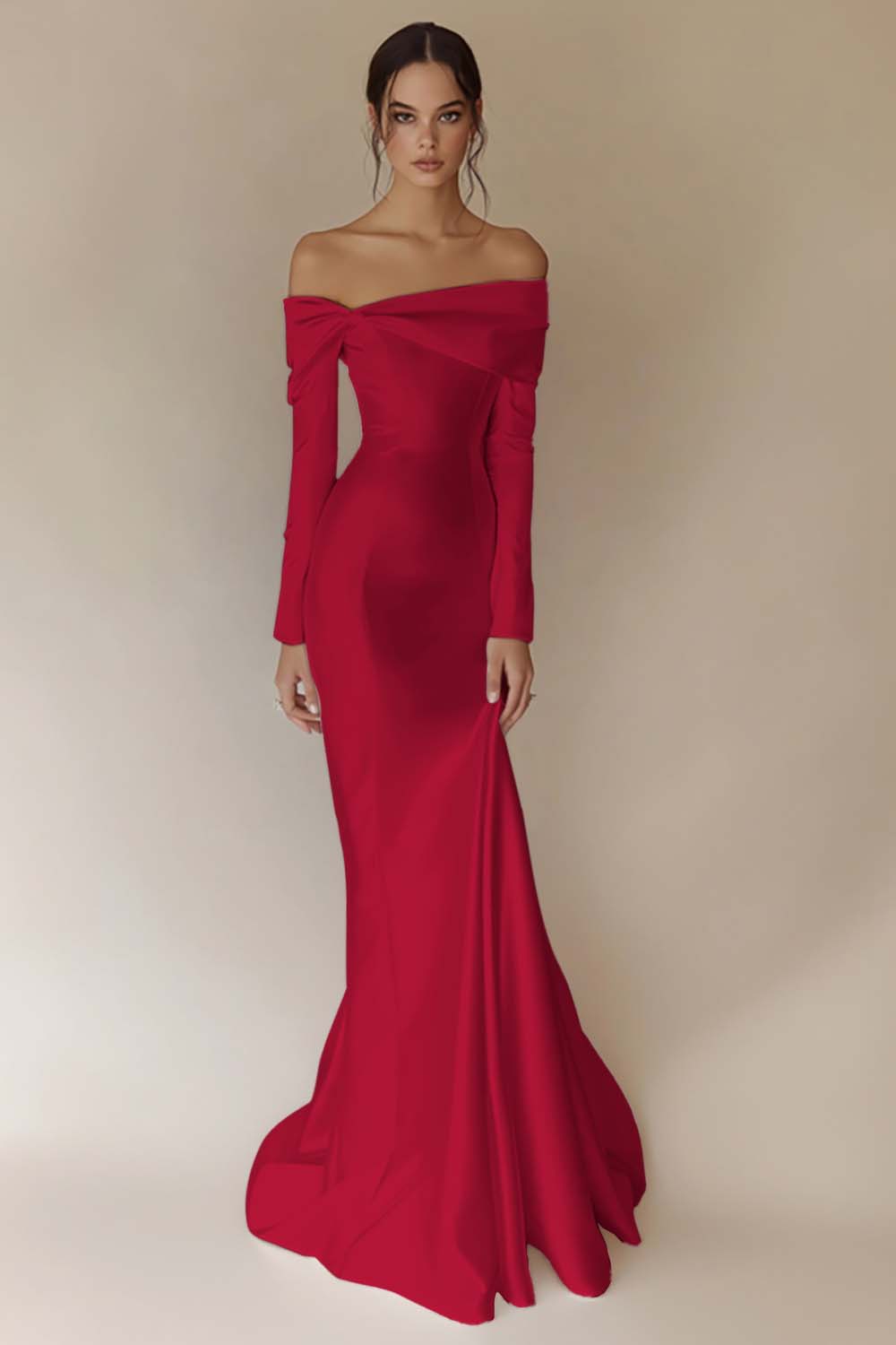 White Satin Off the Shoulder Long Sleeves Rehearsal Dinner Dress