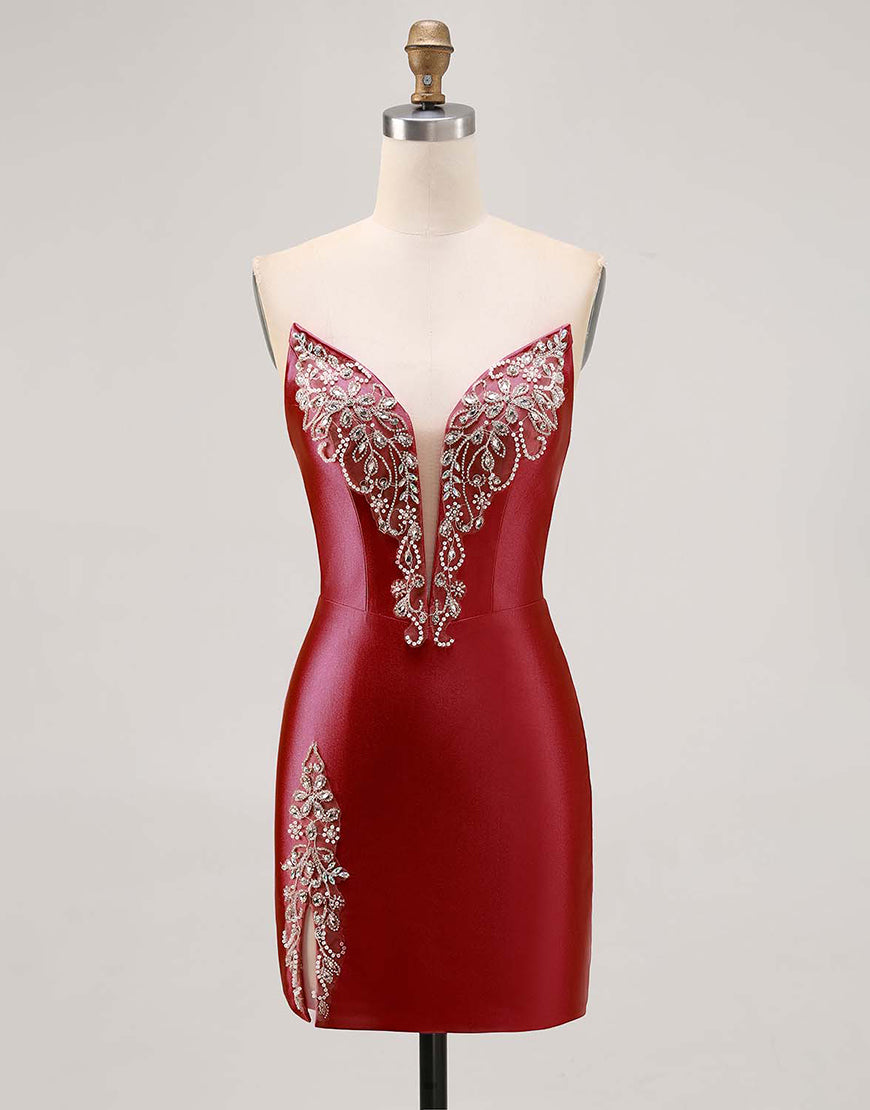 Sparkly Fuchsia Satin Tight Strapless Short Homecoming Dress with Rhinestones
