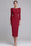 Simple Light Blue Pencil Boat Neck Midi Work Dress with Sleeves