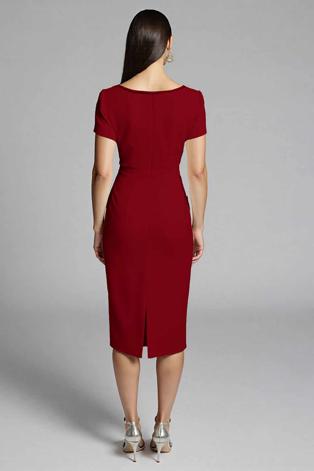 Beige Bodycon Midi Satin Work Dress with Short Sleeves