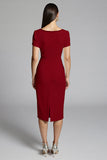 Beige Bodycon Midi Satin Work Dress with Short Sleeves