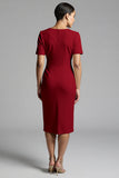 Champagne Bodycon V-Neck Midi Satin Work Dress with Short Sleeves