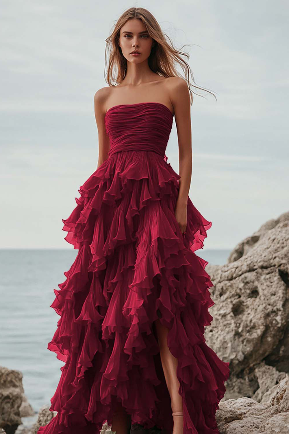 Fuchsia Tulle A Line Tiered Long Formal Dress with Ruffles