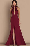 Simple Halter Satin Long Keyhole Black Tie Dress with Slit