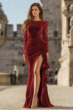 Caramel Velvet Ruffled Mermaid Long Sleeves Holiday Party Dress with Slit