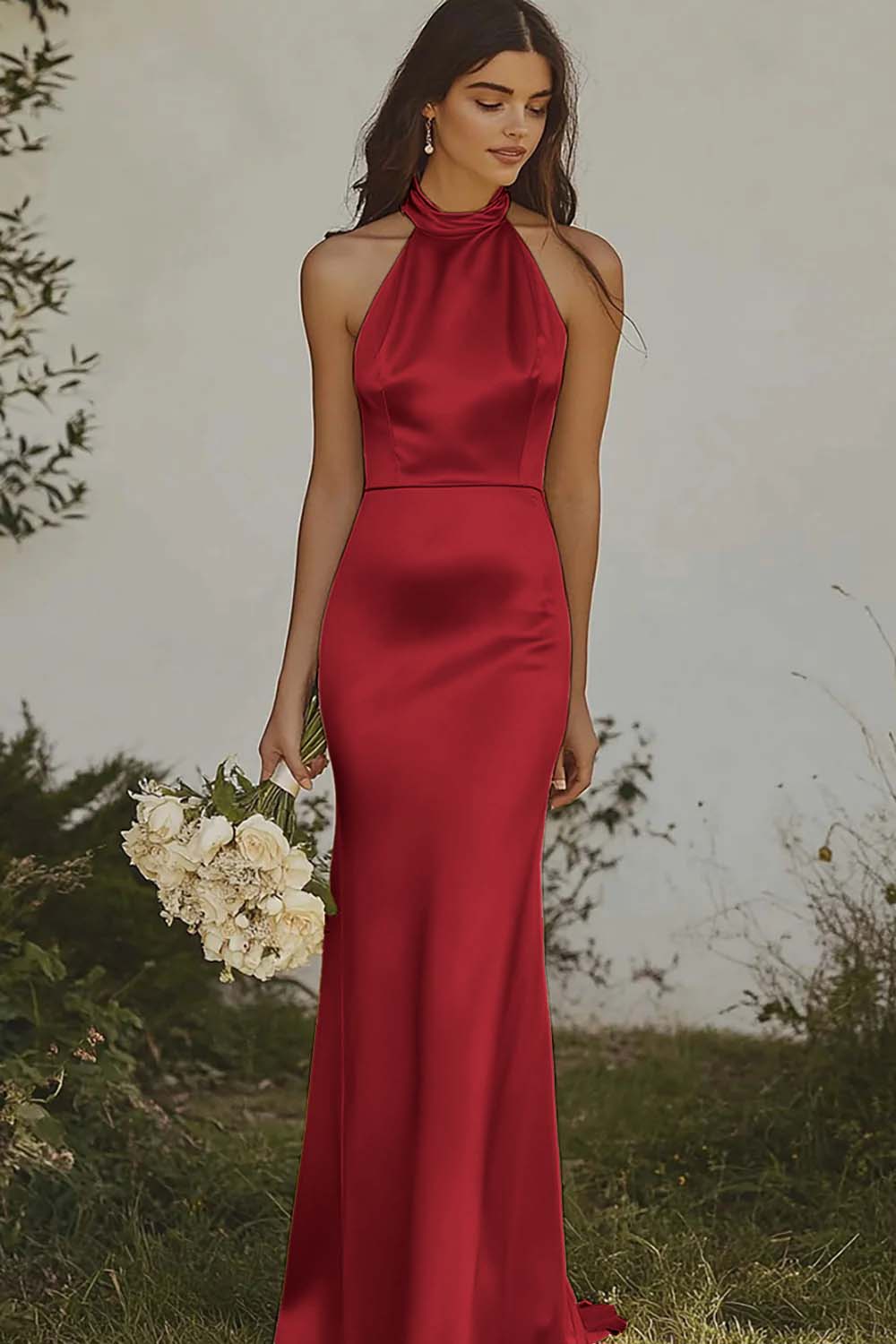 Mermaid Light Yellow Halter Long Satin Bridesmaid Dress