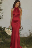 Mermaid Light Yellow Halter Long Satin Bridesmaid Dress