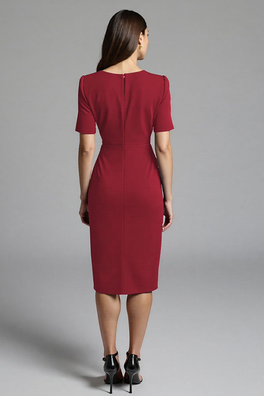 Royal Blue Bodycon V-Neck Midi Satin Work Dress with Short Sleeves