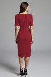 Royal Blue Bodycon V-Neck Midi Satin Work Dress with Short Sleeves