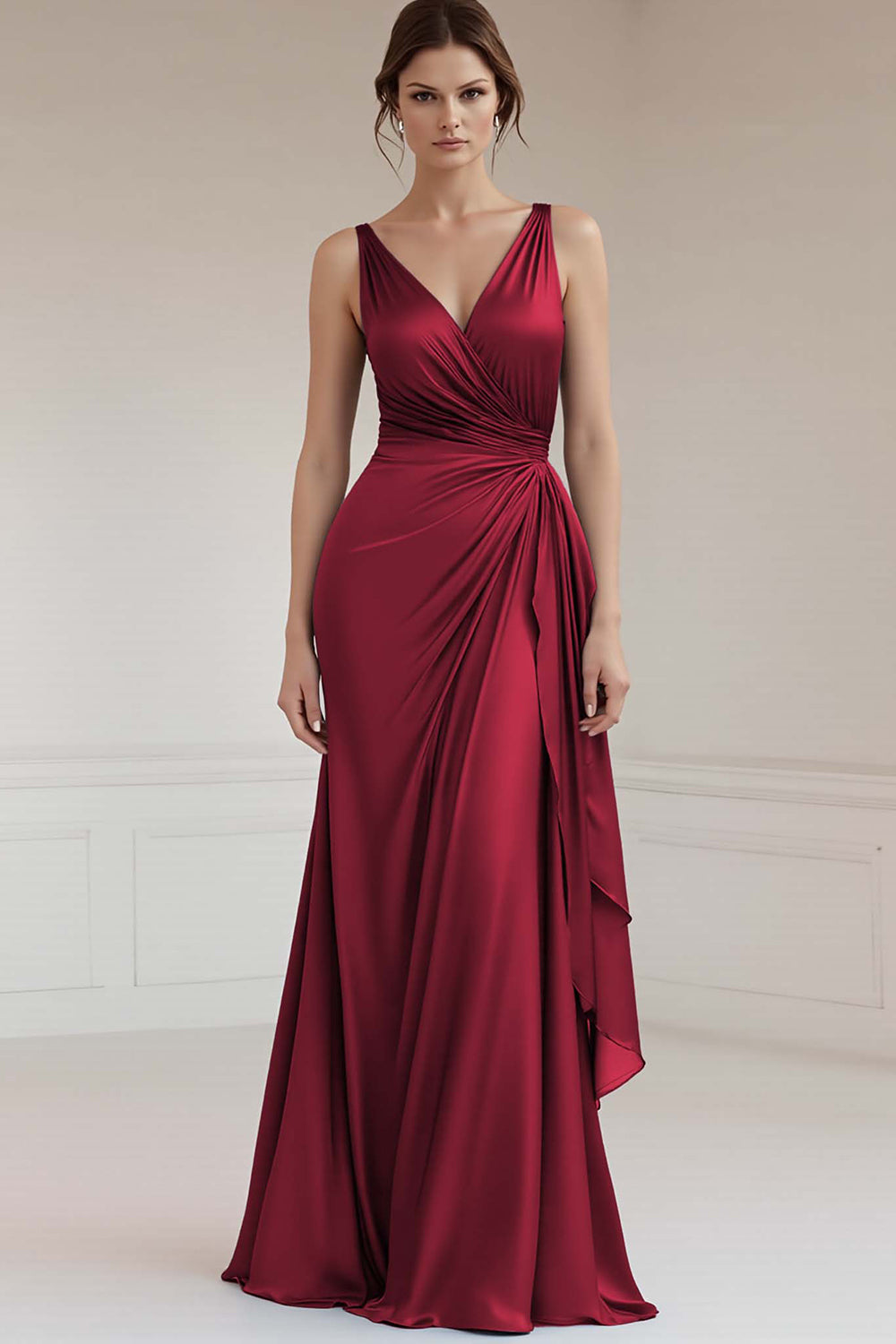 Grey Blue Sheath V-Neck Long Satin Ruched Formal Dress