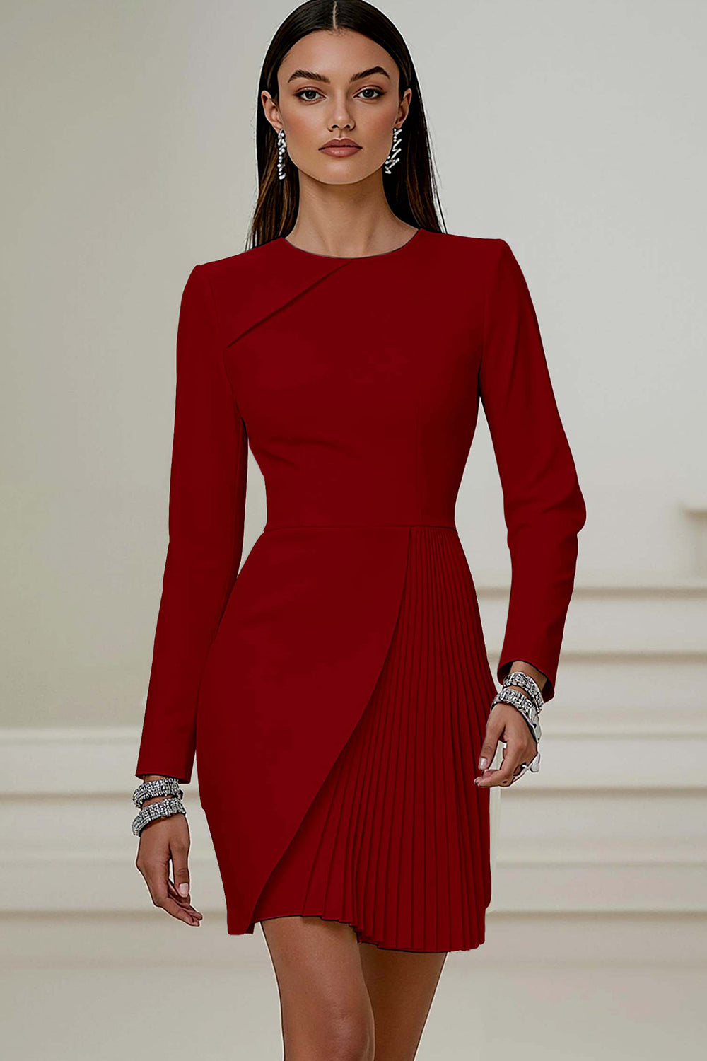 Ivory Pencil Pleated Round Neck Short Work Dress with Sleeves