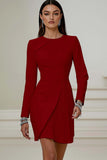Ivory Pencil Pleated Round Neck Short Work Dress with Sleeves