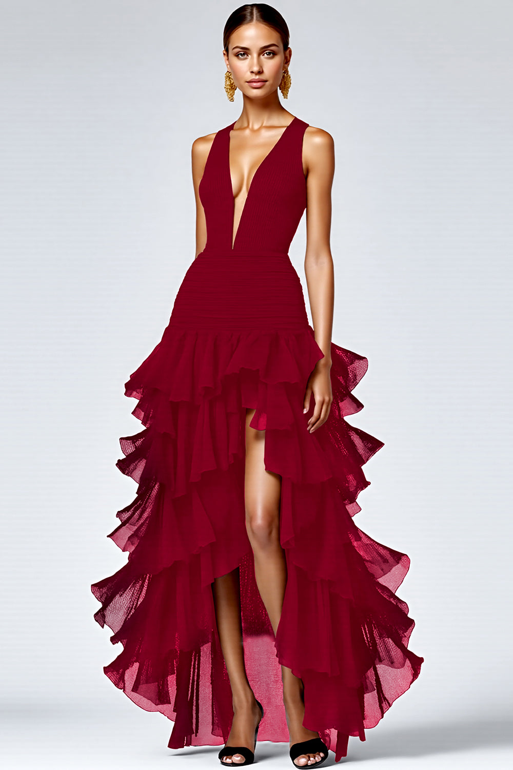 Black Deep V-Neck Tiered Long A Line Formal Dress with Slit