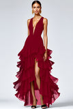 Black Deep V-Neck Tiered Long A Line Formal Dress with Slit