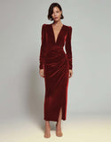Olive Sheath Velvet Deep V-Neck Long Holiday Party Dress with Sleeves