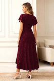 Black Round Neck Midi Glitter Holiday Party Dress with Sleeves