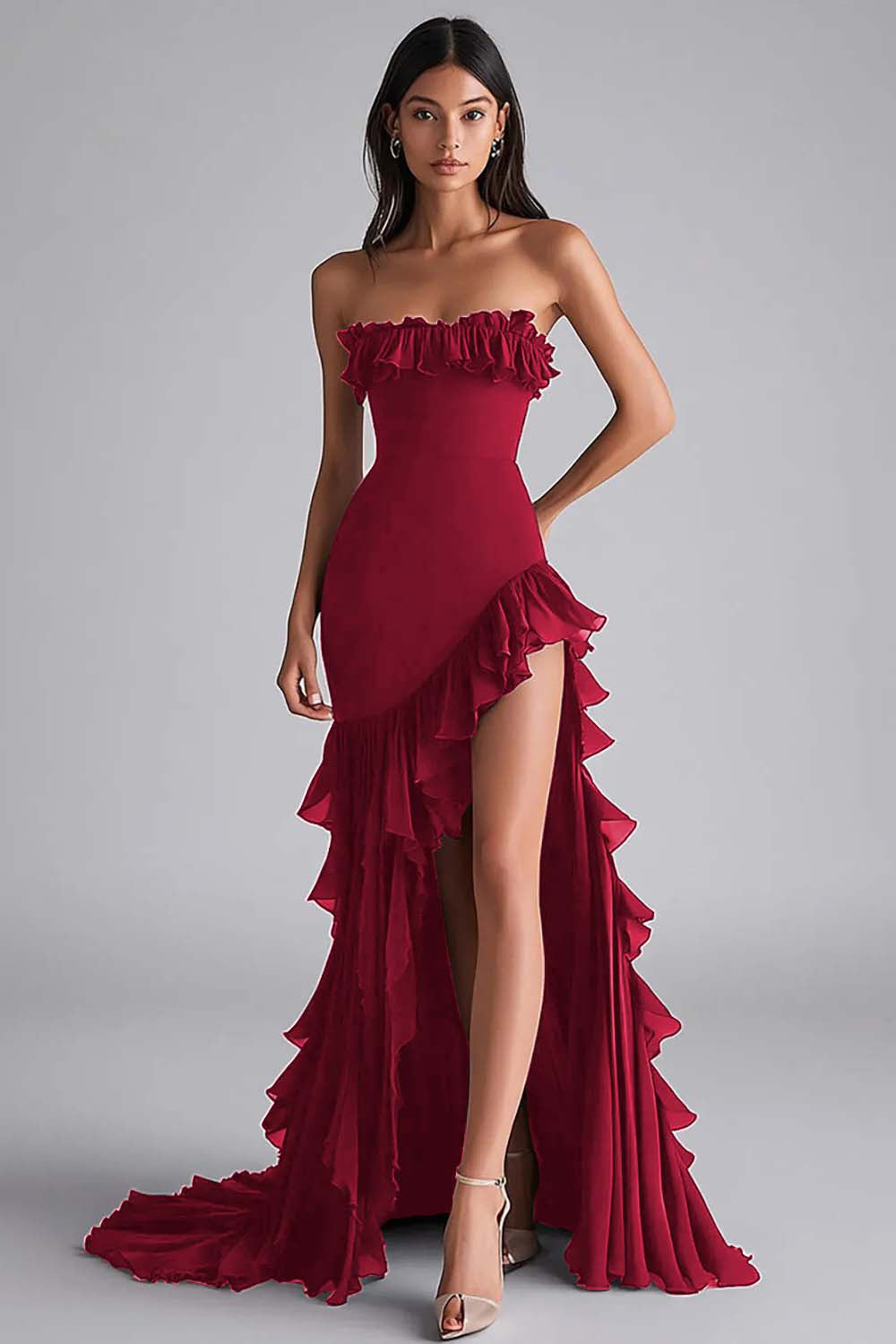 Strapless Black Tiered Long Square Neck Formal Dress with Slit
