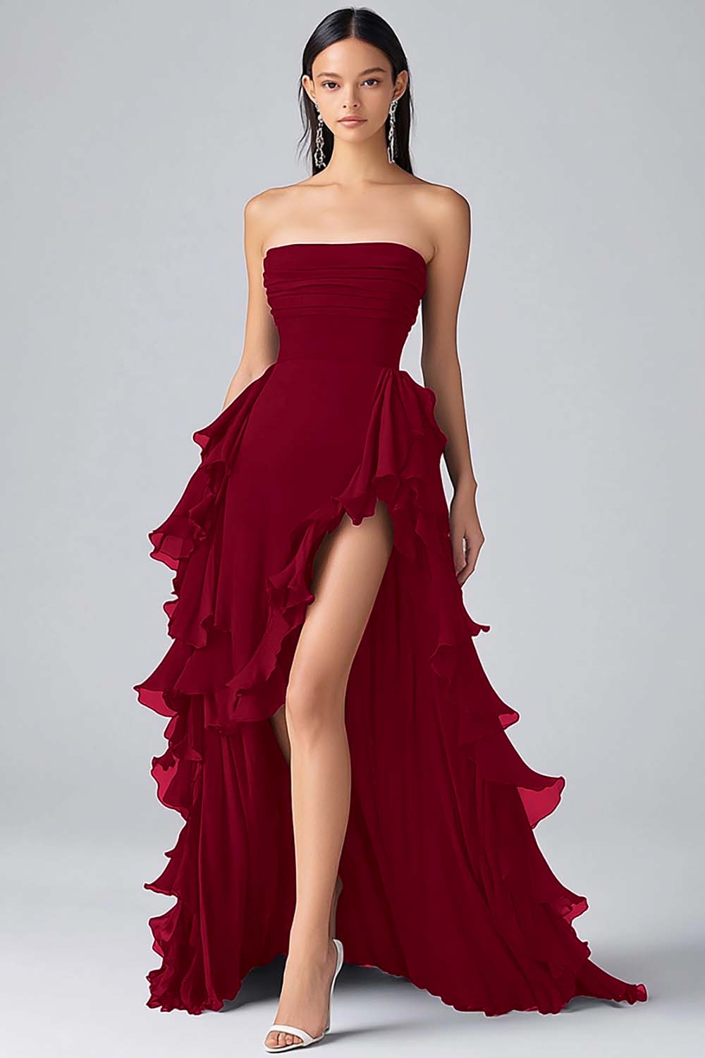 Tiered Long Black Strapless Chiffon Formal Dress with Slit
