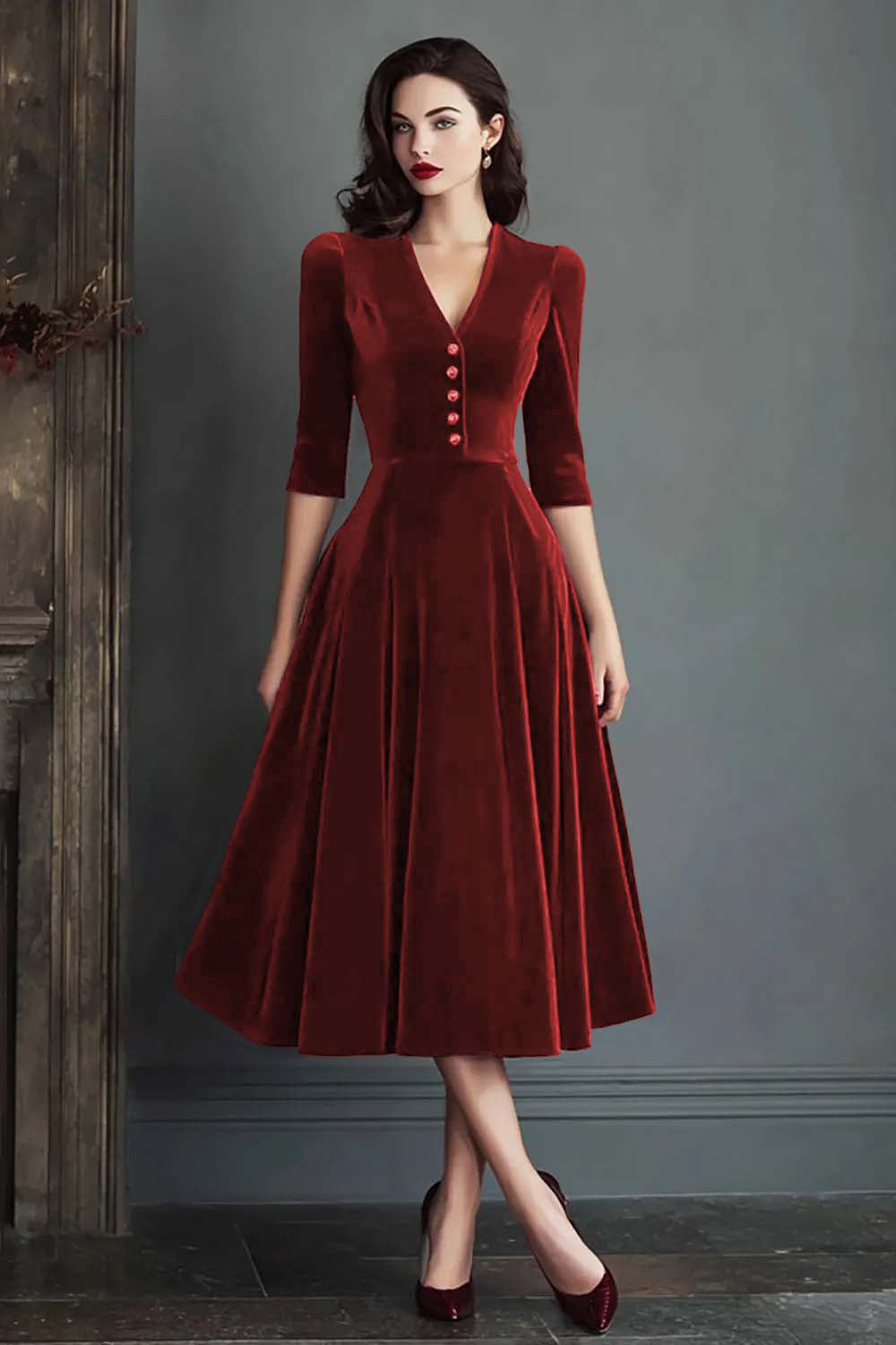 Burgundy V-Neck A Line Midi Velvet Holiday Party Dress