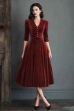Burgundy V-Neck A Line Midi Velvet Holiday Party Dress