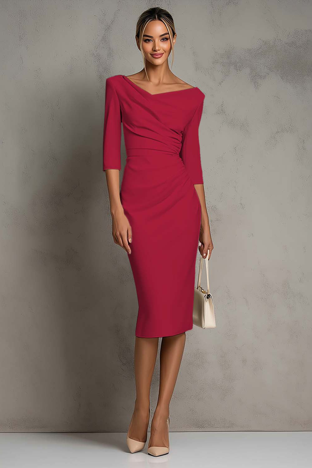 Simple Ivory Pencil Ruched Midi Work Dress with Slit